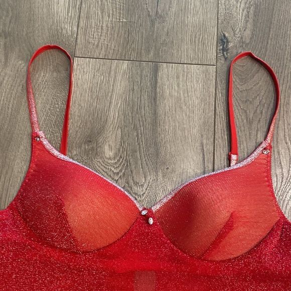 Cinema Etoile Red Shimmer Sheer Chemise Slip Size Medium - Picture 5 of 13